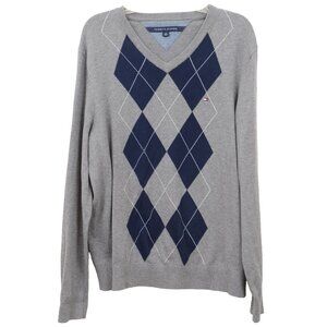 Tommy Hilfiger Men's Large 100% Cotton Argyle V-neck Sweater Old Money Academia